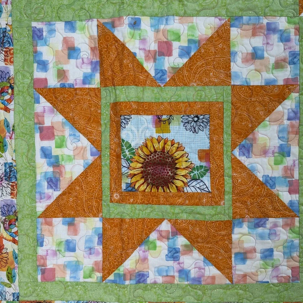 Quilt OS Patchwork Multi Color Snail Bird Sunflower Graphic Lap